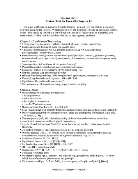 Biochem I Exam Review Sheet Ch Biochemistry I Review Sheet For