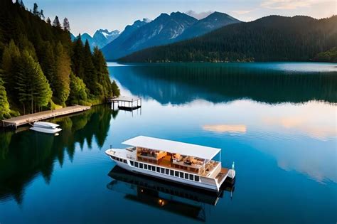 Premium AI Image | A boathouse on a lake with a dock in the foreground.