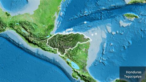 Honduras Border Shape Overlay Glowed Satellite Labels Stock