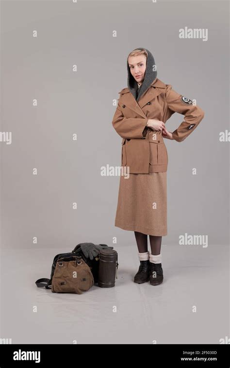 Woman actor reenactor in historical winter clothes RAD of the German ...