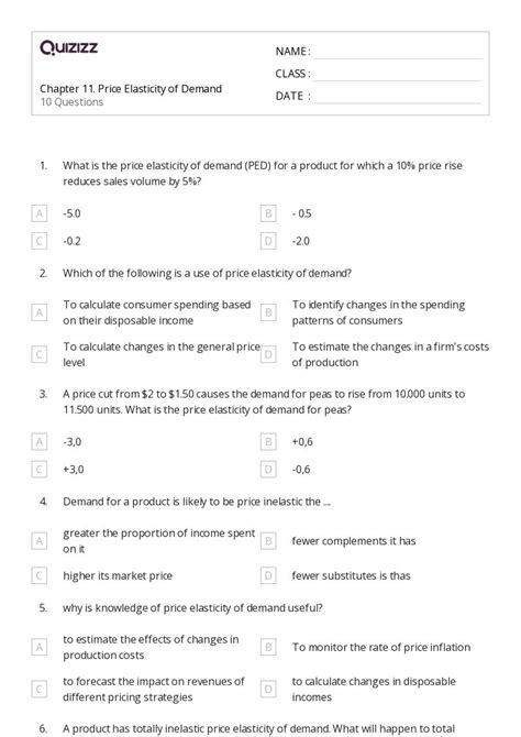 Demand And Price Elasticity Worksheets For Th Class On Quizizz