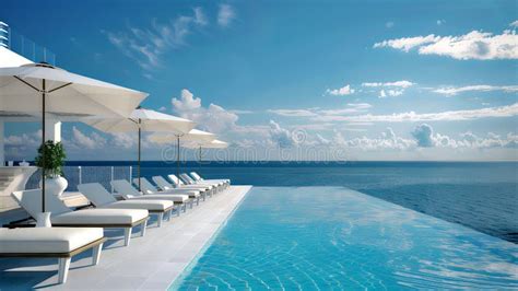 luxurious infinity pool overlooking  sea serene sky lounge chairs