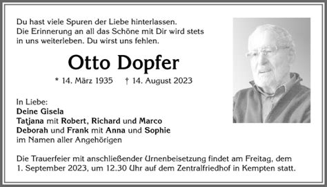 Traueranzeigen von Otto Dopfer Allgäuer Zeitung