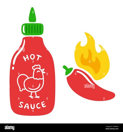 Hot Sauce Bottle Drawing With Red Chili Pepper And Flame Simple Cartoon Doodle Vector Clip Art