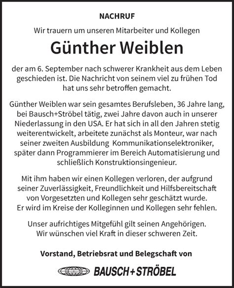 Traueranzeigen von Günther Weiblen Südwest Presse Trauer