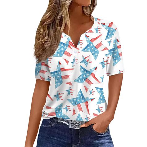 Kddylitq Short Sleeve Independence Day T Shirts For Women Button Down