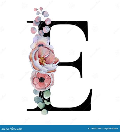 Floral Watercolor Alphabet Monogram Initial Letter E Design With Hand