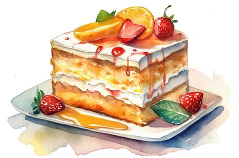 Premium AI Image Watercolor Drawing Tres Leches Cake On White