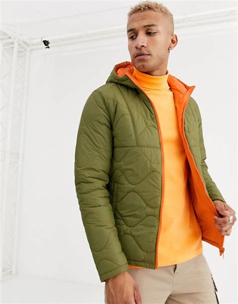 Asos Design Reversible Quilted Puffer Jacket In Green With Orange