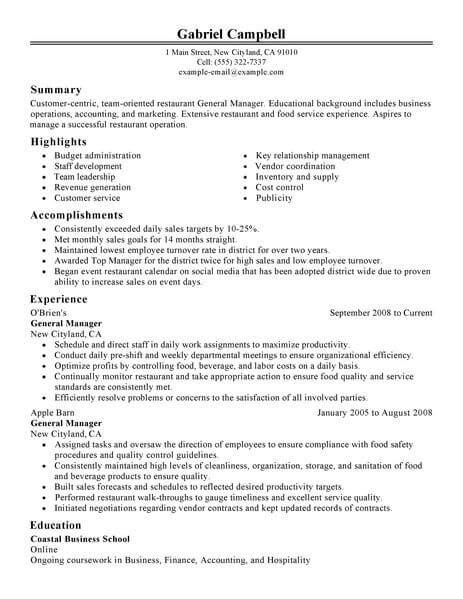 Restaurant Job Resume