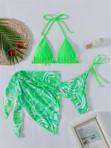 Shein Swim Vcay Conjunto De Bikini De Malla Con Estampado De M Rmol Top