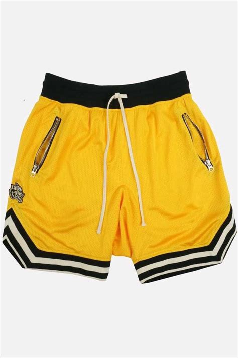 Men Stripe Contrast Drawstring Waist Sport Basketball Shorts Yellow