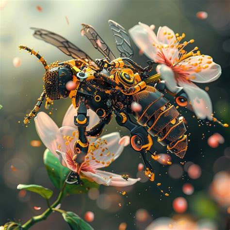 Robotic Bee Hovers Over Delicate Flower Premium Ai Generated Image