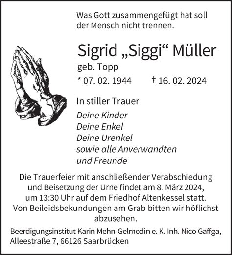 Traueranzeigen von Sigrid Müller Saarbruecker Zeitung Trauer de