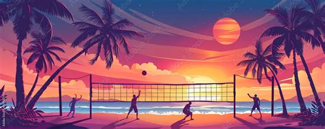 Tropical Beach Volleyball Background With Palm Trees And A Black Net