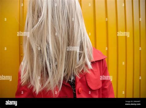 Blonde Hides Her Face Behind Her Blonde Hair Stock Photo Alamy