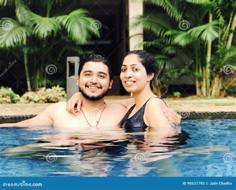 Couple In Pool Summer Pool Resort Life Winner Butt In Bikini Pool Party Royalty Free Stock