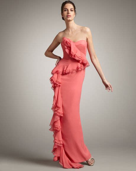 Notte By Marchesa Strapless Cascade Ruffle Gown In Pink Coral Lyst