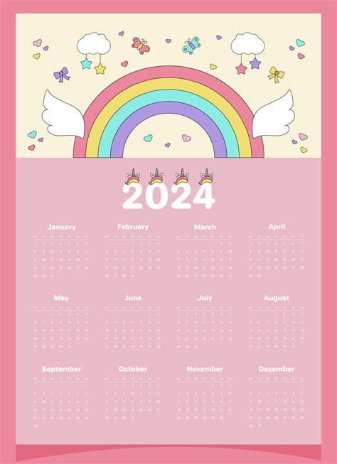 Calendario 2024 Rosado Para Un Niño Con Elementos De Unicornio