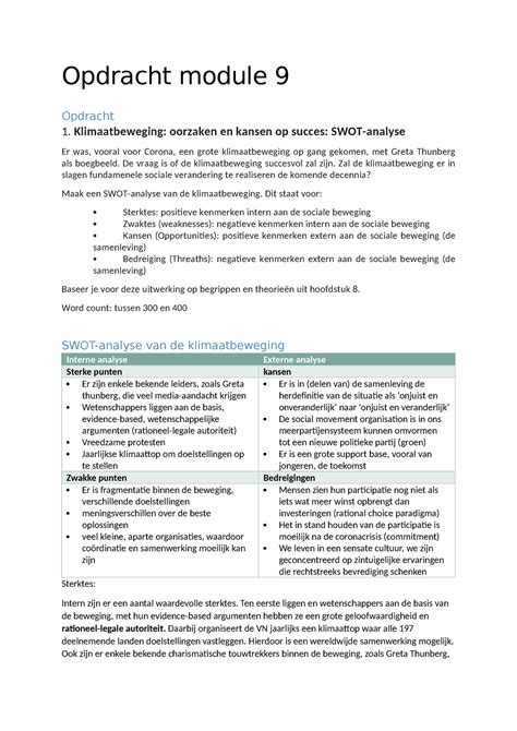 Opdracht Module 9 Klimaatbeweging Oorzaken En Kansen Op Succes SWOT