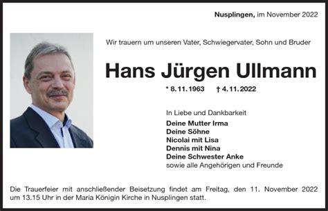 Traueranzeigen Von Hans J Rgen Ullmann Schwarzw Lder Bote Trauer