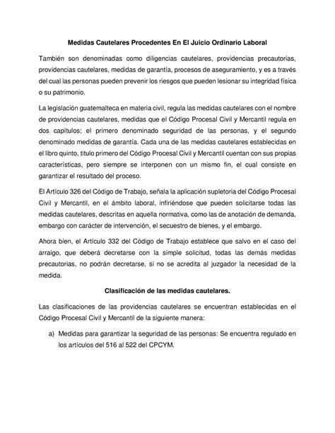 Medidas Cautelares Procedentes En El Juicio Ordinario Laboral La