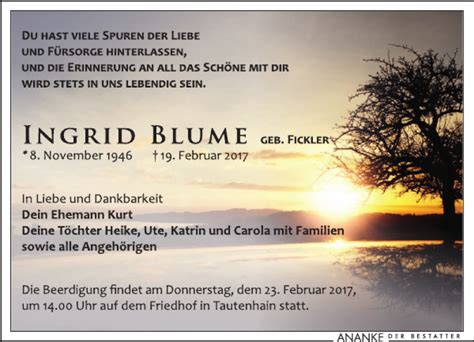 Traueranzeigen Von Ingrid Blume Trauer Anzeigen De