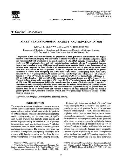 Pdf Adult Claustrophobia Anxiety And Sedation In Mri