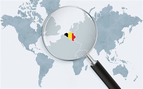 World map with a magnifying glass pointing at Belgium. Map of Belgium with the flag in the loop ...