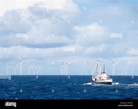 wind turbines  ship  sea stock photo alamy