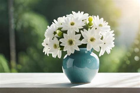 Un jarrón azul con flores blancas sobre una mesa y el sol brillando a