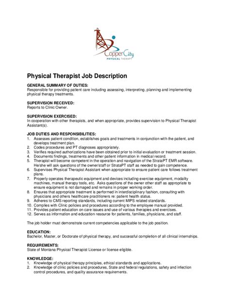 Fillable Online Physical Therapist Job Description Template Fax Email