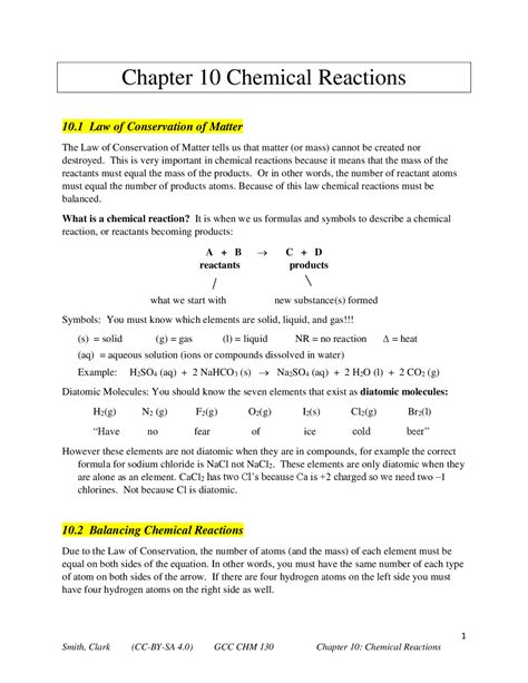 Chapter 10 Chemical Reactions | Lecture notes Law | Docsity