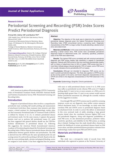 Pdf Periodontal Screening And Recording Psr Index Scores Predict