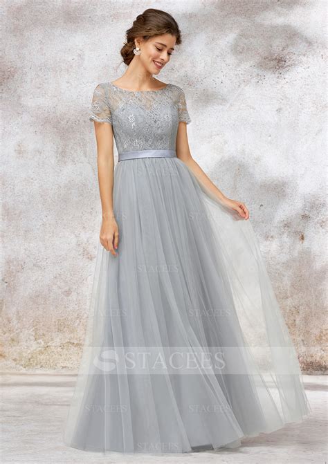 Bateau Short Sleeve A Line Princess Tulle Long Floor Length Bridesmaid