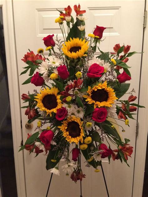 Sunflowers And Red Roses In A Standing Spray Casket Flowers Funeral