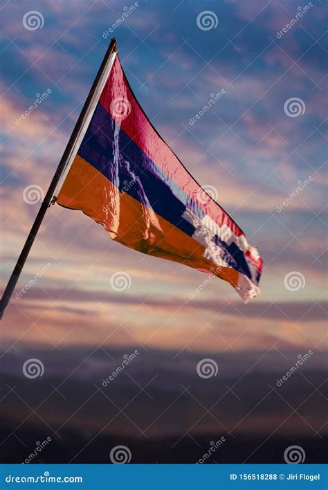 Republic Of Artsakh Flag Nagorno Karabakh Flag Waving On Sky At Dusk