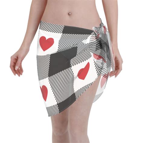 Adobk Heart Black Buffalo Plaid Gingham Swimsuit Coverups For Women Beach Bikini Short Skirt For