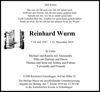 Traueranzeigen Von Reinhard Wurm Wirtrauern