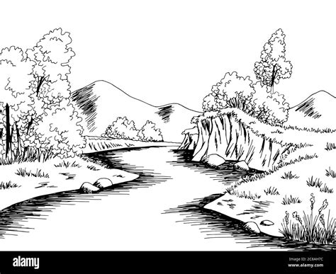 River Gr Fico Blanco Blanco Paisaje Dibujo Ilustraci N Vector Imagen