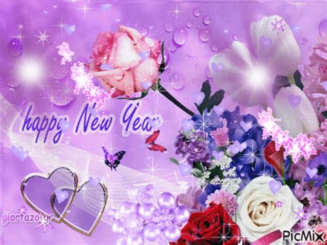 Happy New Year  With Flowers And Hearts Pictures Photos And Images