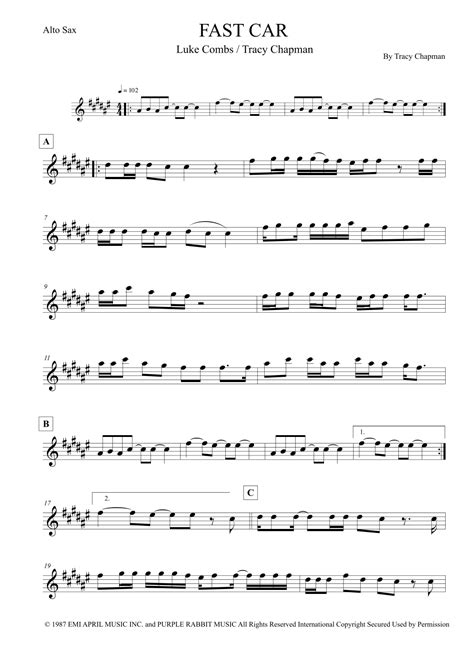 Fast Car Arr Leo Silva Sheet Music Tracy Chapman Alto Sax Solo