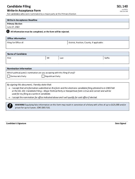 Fillable Online SEL140 Candidate Filing Write In Acceptance Form