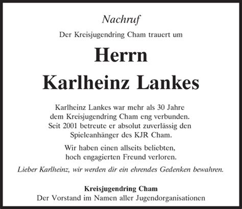 Traueranzeigen Von Karlheinz Lankes Mittelbayerische Trauer