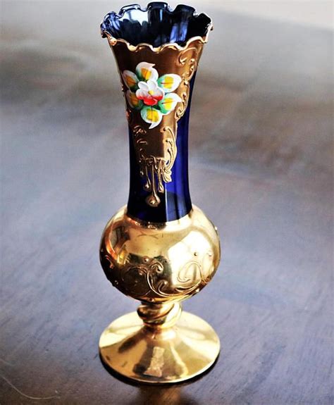 Cobalt Blue Bohemian Glass Bud Vase Blue And Gold Bohemian Vase Enamel Flowers Gold Gilded