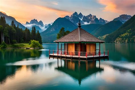 Una Casa Sobre El Agua Con Monta As Al Fondo Foto Premium