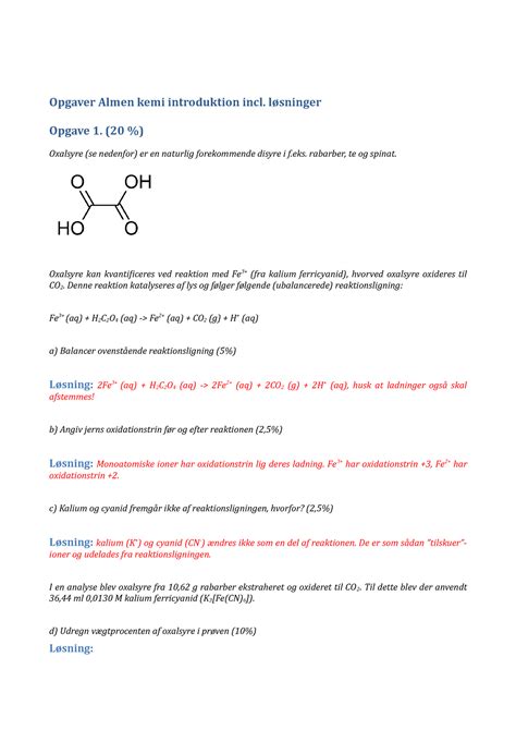 Introduktionsopgaver incl løsninger Opgaver Almen kemi introduktion