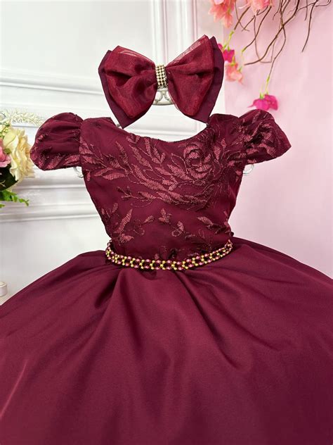 Vestido Infantil Marsala Renda Cinto de Pérolas e Laço Rosa