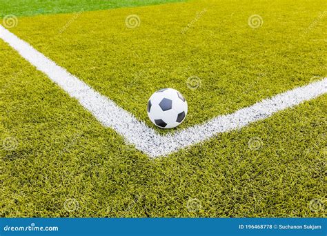 Soccer Ball Football Artificial Grass With White Stripe Stock Photo