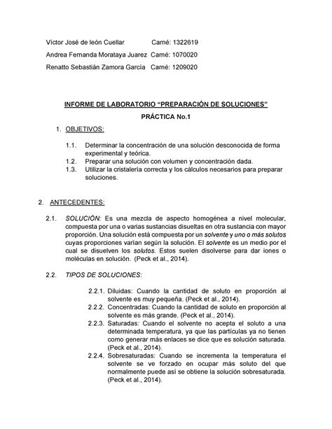 Reporte De Laboratorio No1 Preparación De Soluciones Víctor José De